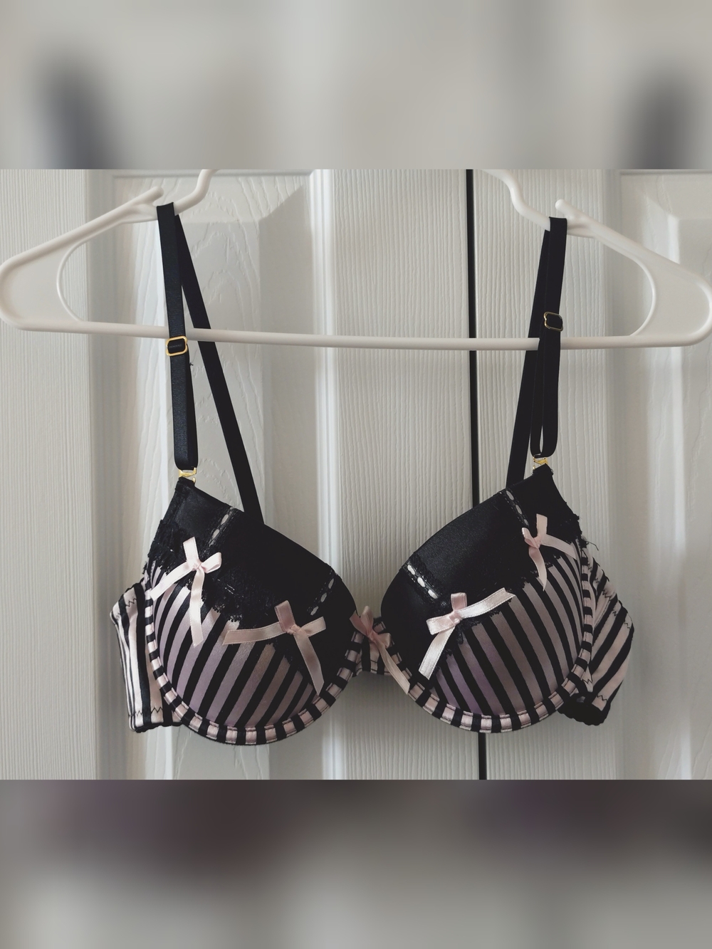 Black & Pink Striped Lace Trim Push-Up Bra